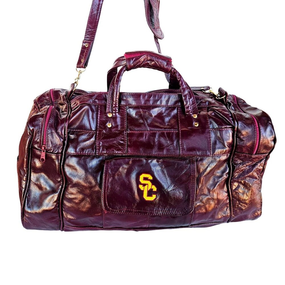 USC Trojans Vintage Patchwork Maroon Leather Duffel 22" Carroll Leather 70s-80s